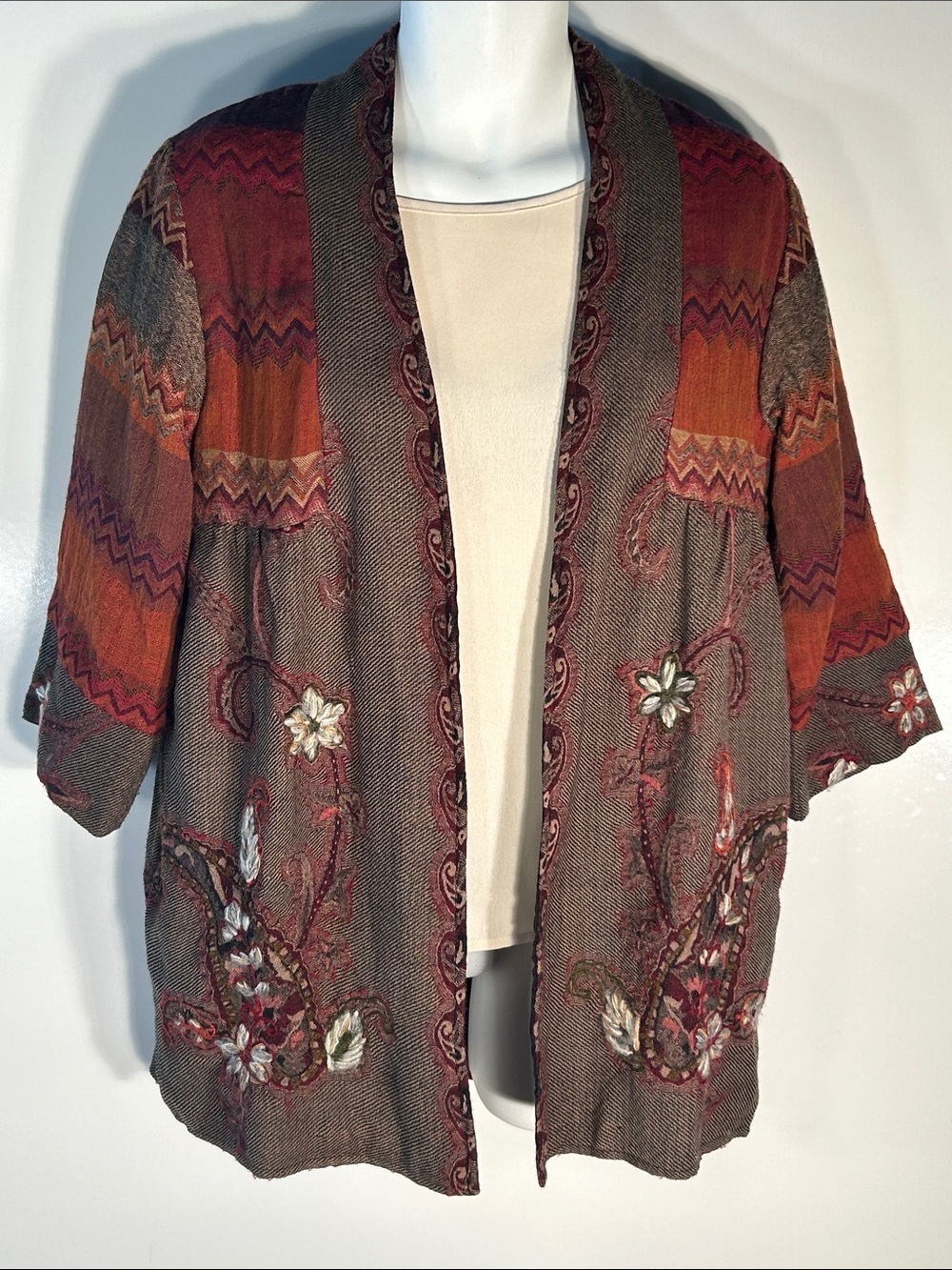 Soft Surroundings SZ M Embroidered Open-Front Wool Cardigan Jacket Boho Artsy